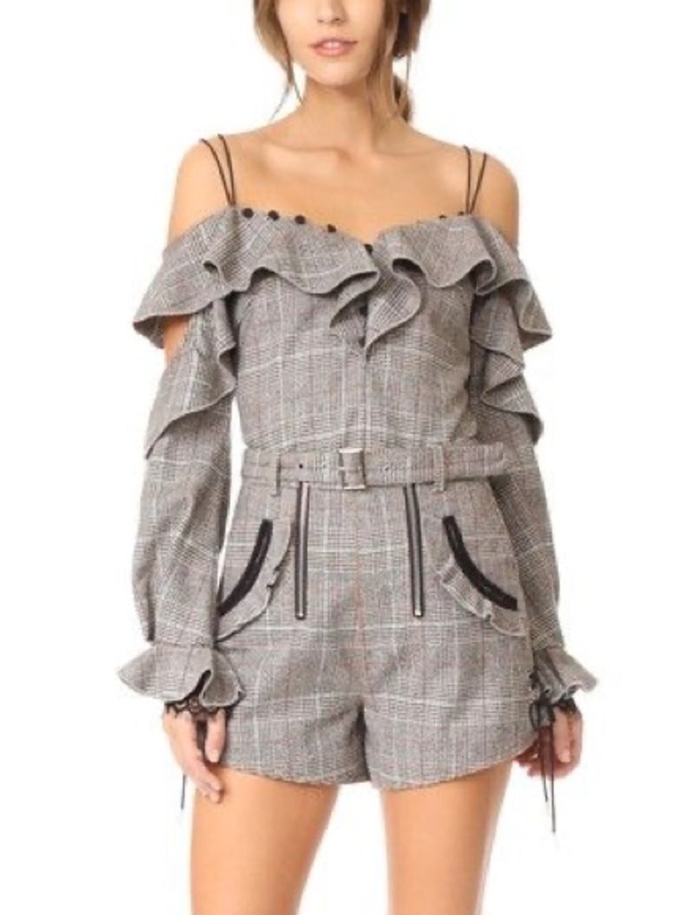 Self-Portrait Plaid Off-Shoulder Top and Button us 2